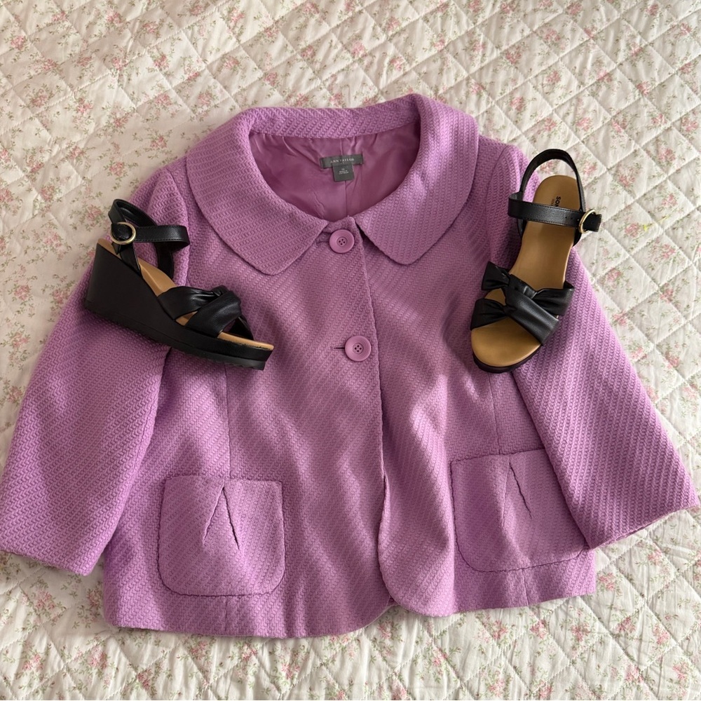 Ann Taylor Lavender Textured Jacket Size 16 | Button Front Career Blazer - Picture 2 of 5